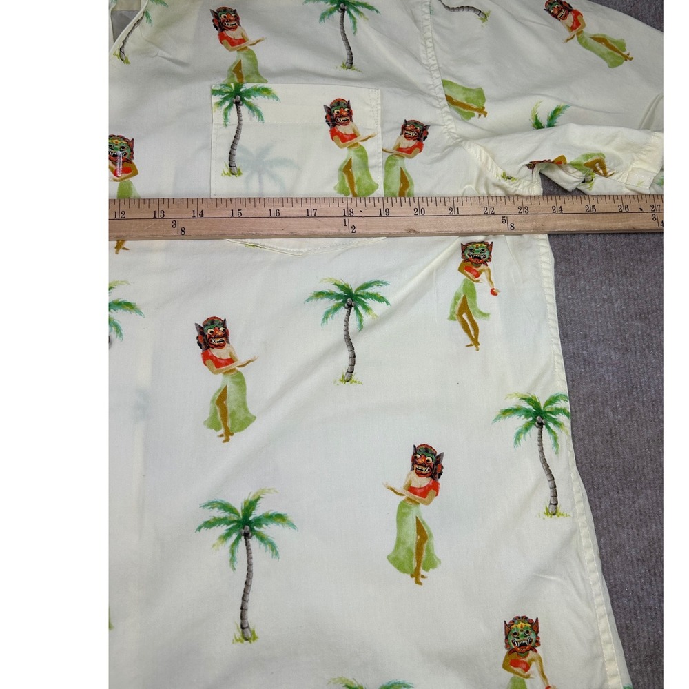 Roark Mens XL Cream Tropical Hula Mask Palm Tree Cotton Button Down Aloha Shirt - Picture 9 of 9